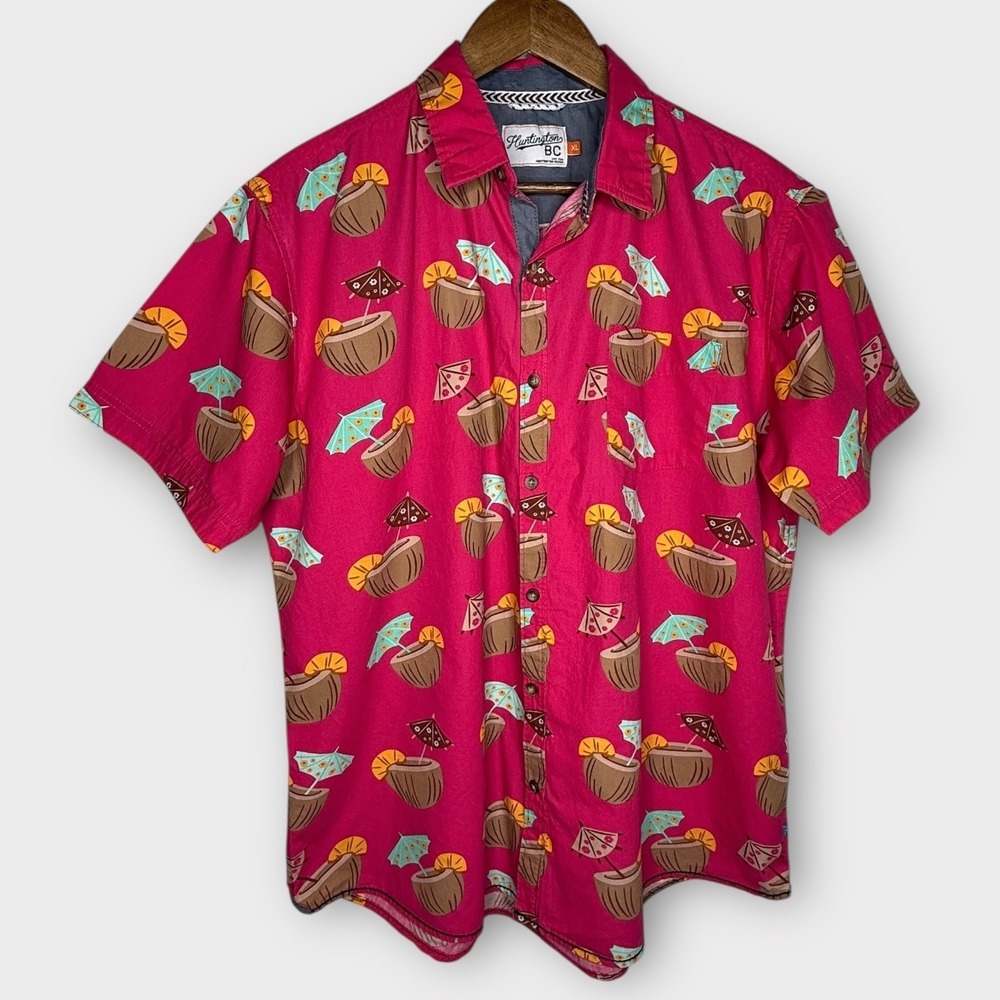 Huntington Beach BC Pink Tropical Button Up Shirt Coconut Tiki Drink Vacation XL